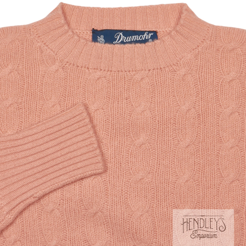 Drumohr 100% Cashmere Sweater XS in Peach Pink Cable-Knit Crew-Neck SCOTLAND
