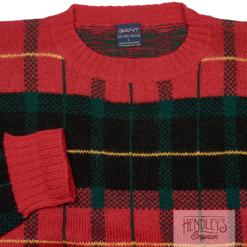 80s Gant Sweater L in Green Christmas Tartan Wool | HendleysEmporium