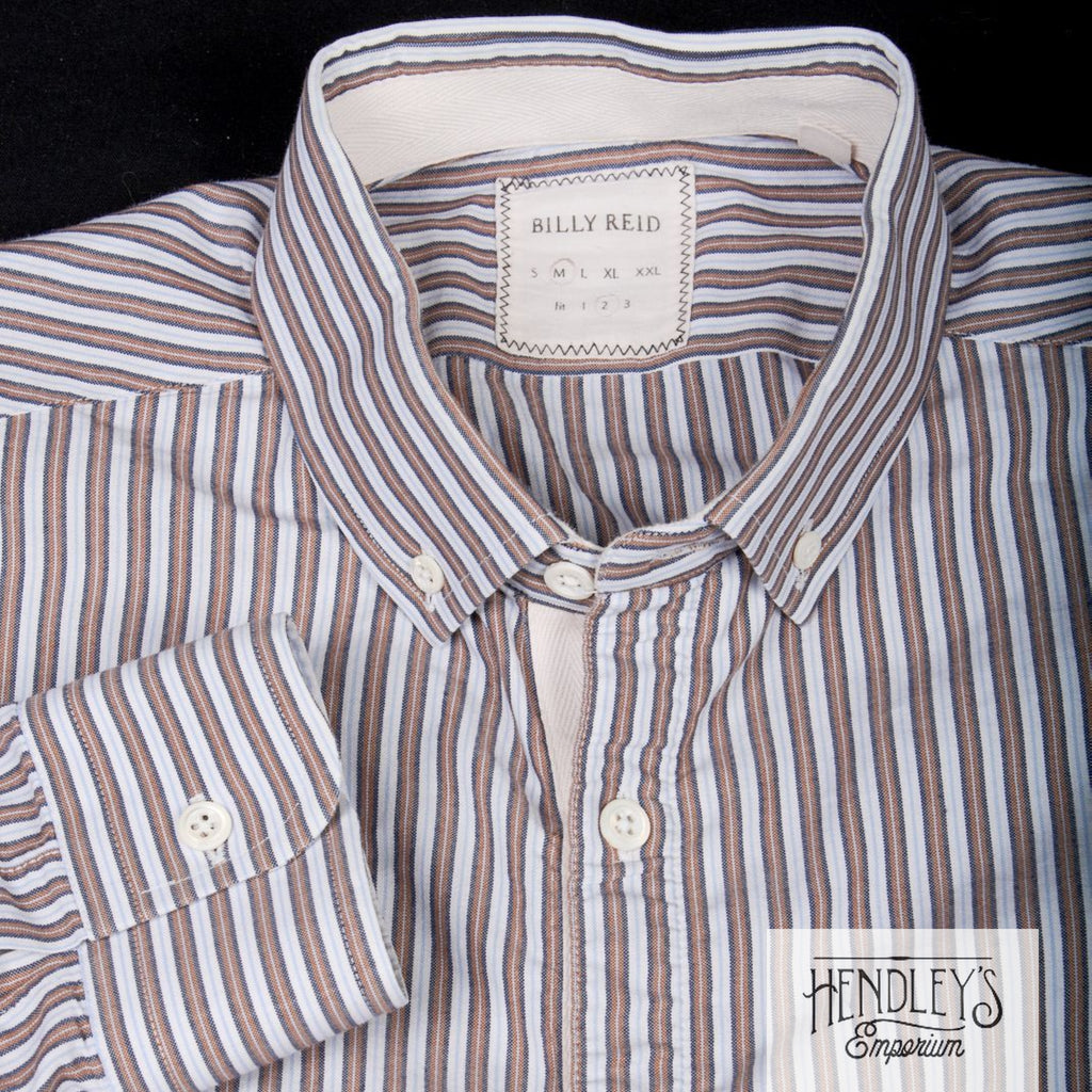 Billy Reid Blue Mocha Striped Shirt M Cotton Blend Button-Down