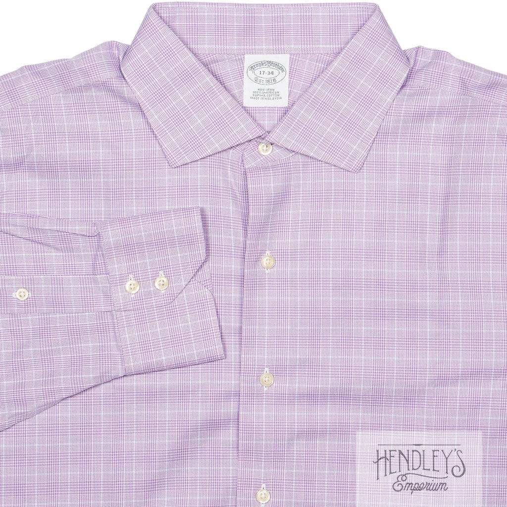 Brooks Brothers Spread Shirt 17-34 Purple Plaid Cotton Spread Collar