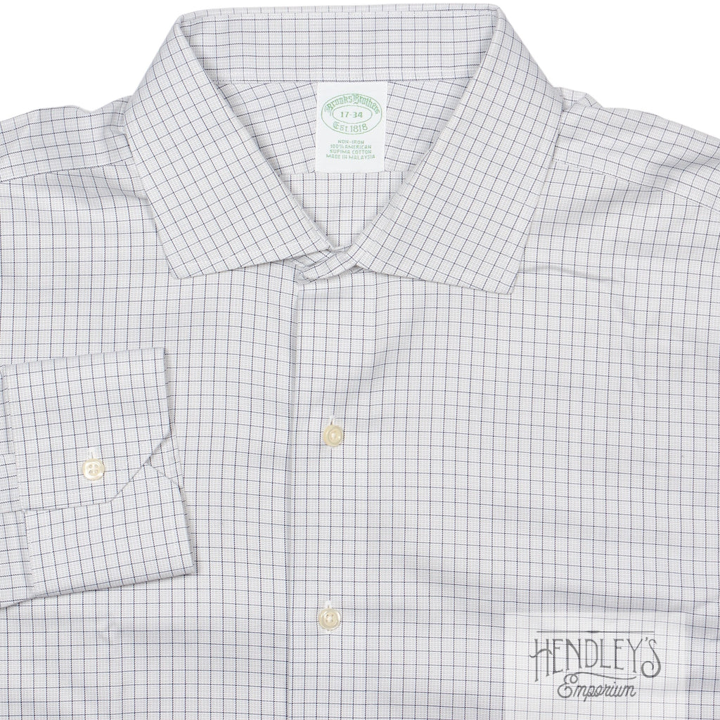Brooks Brothers Spread Shirt 17-34 Blue Dove Windowpane Plaid Cotton