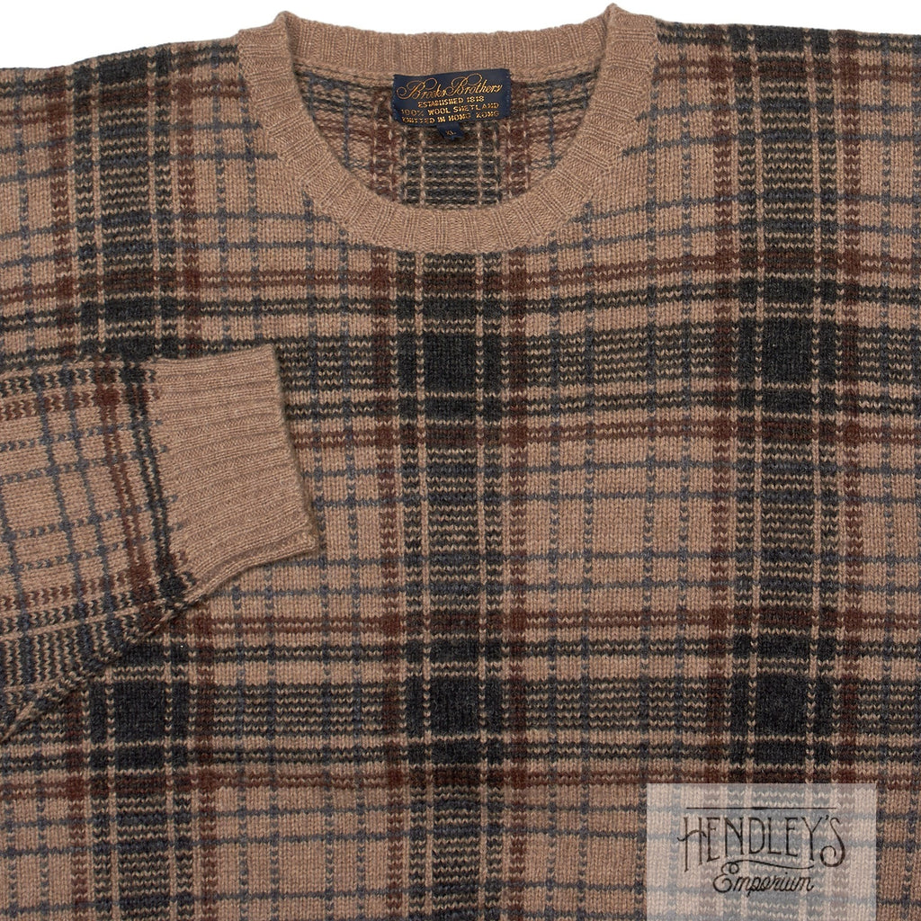 Brooks Brothers Shetland Sweater XL in Sand Beige Red Blue Plaid Wool